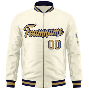 Custom Cream Old Gold-Navy Varsity Full-Zip Letterman Bomber Jacket