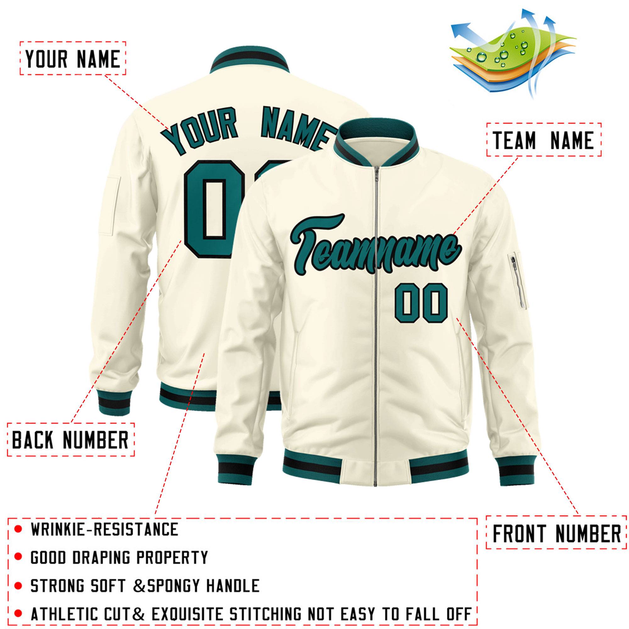 Custom Cream Aqua-Black Varsity Full-Zip Letterman Bomber Jacket