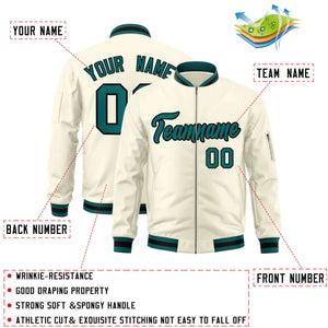 Custom Cream Aqua-Black Varsity Full-Zip Letterman Bomber Jacket