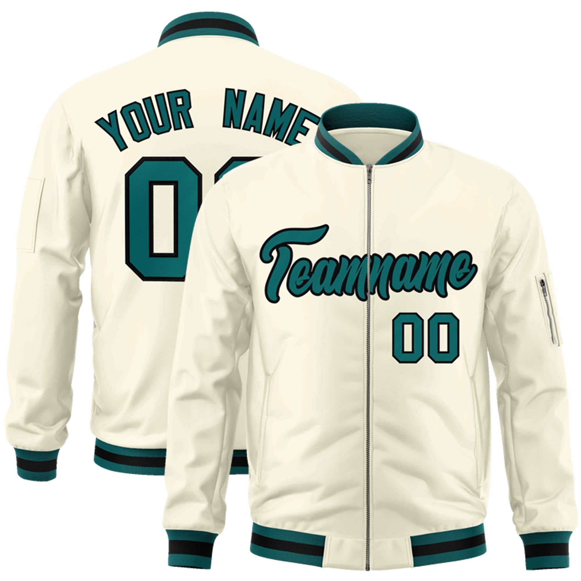 Custom Cream Aqua-Black Varsity Full-Zip Letterman Bomber Jacket