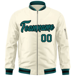 Custom Cream Aqua-Black Varsity Full-Zip Letterman Bomber Jacket