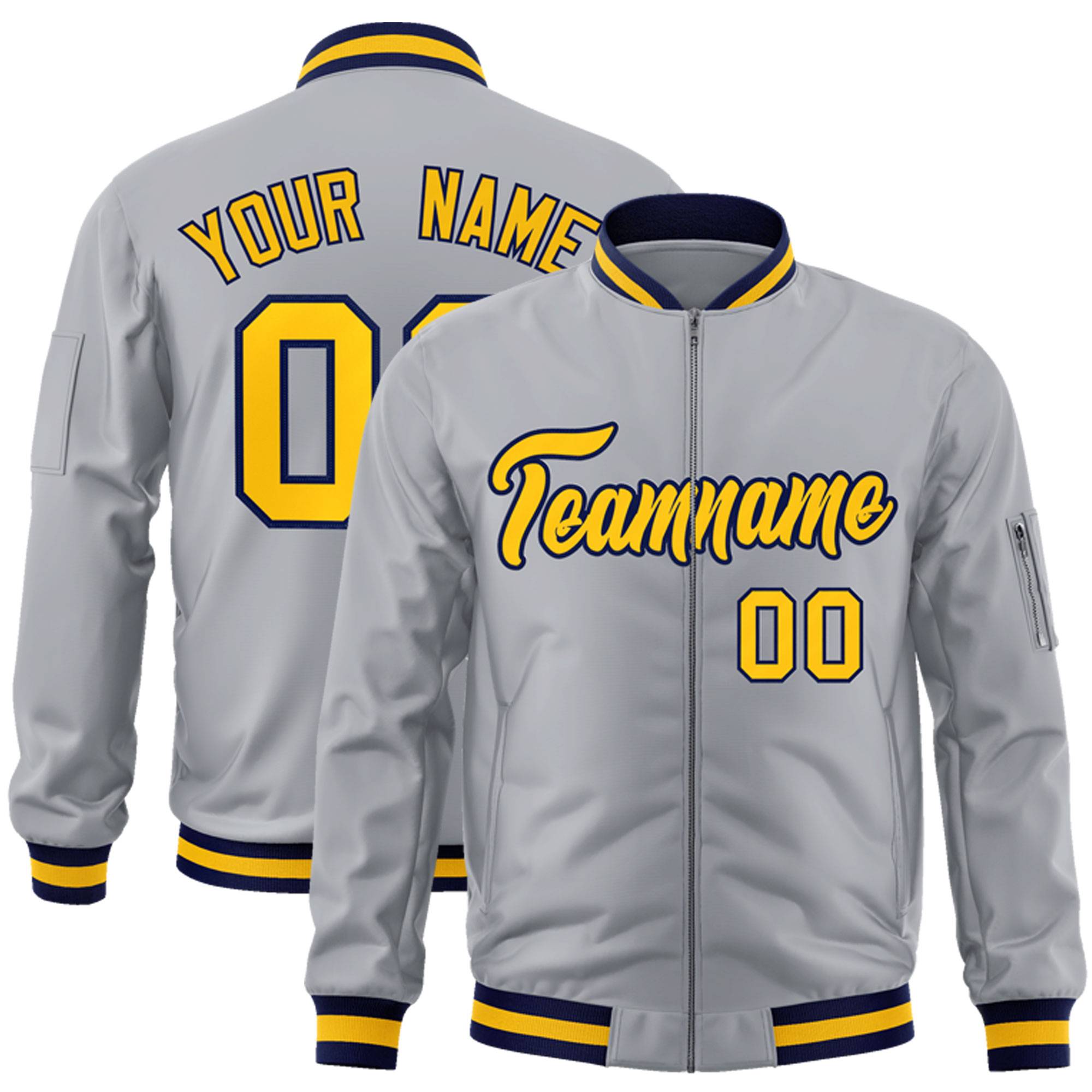 Custom Gray Gold-Navy Varsity Full-Zip Letterman Bomber Jacket