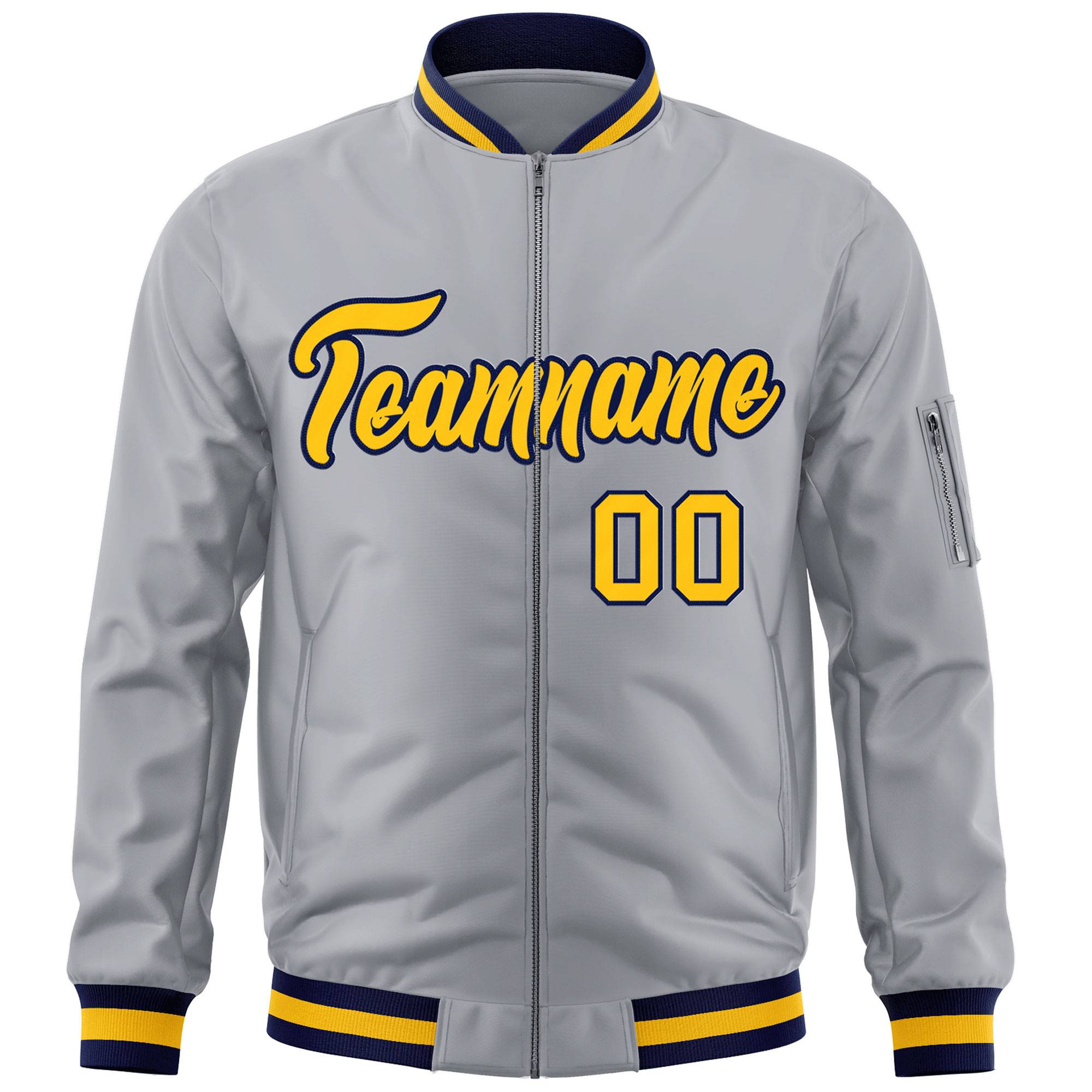 Custom Gray Gold-Navy Varsity Full-Zip Letterman Bomber Jacket