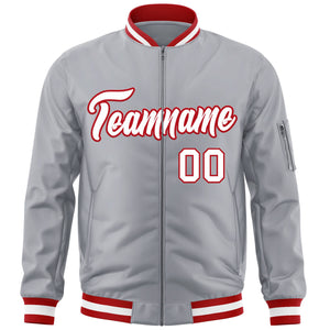 Custom Gray White-Red Varsity Full-Zip Letterman Bomber Jacket