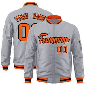 Custom Gray Orange-Black Varsity Full-Zip Letterman Bomber Jacket