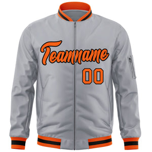 Custom Gray Orange-Black Varsity Full-Zip Letterman Bomber Jacket