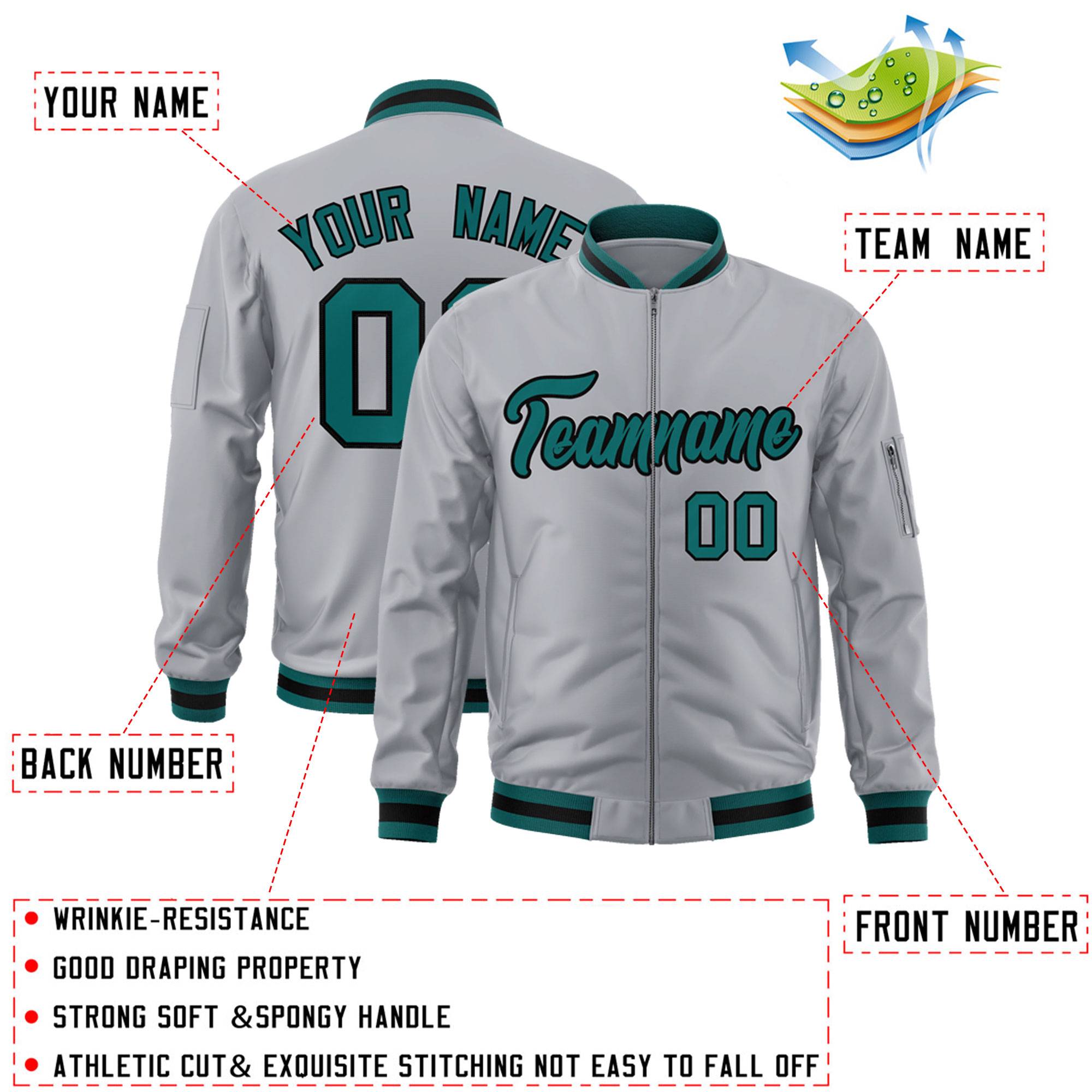 Custom Gray Aqua-Black Varsity Full-Zip Letterman Bomber Jacket