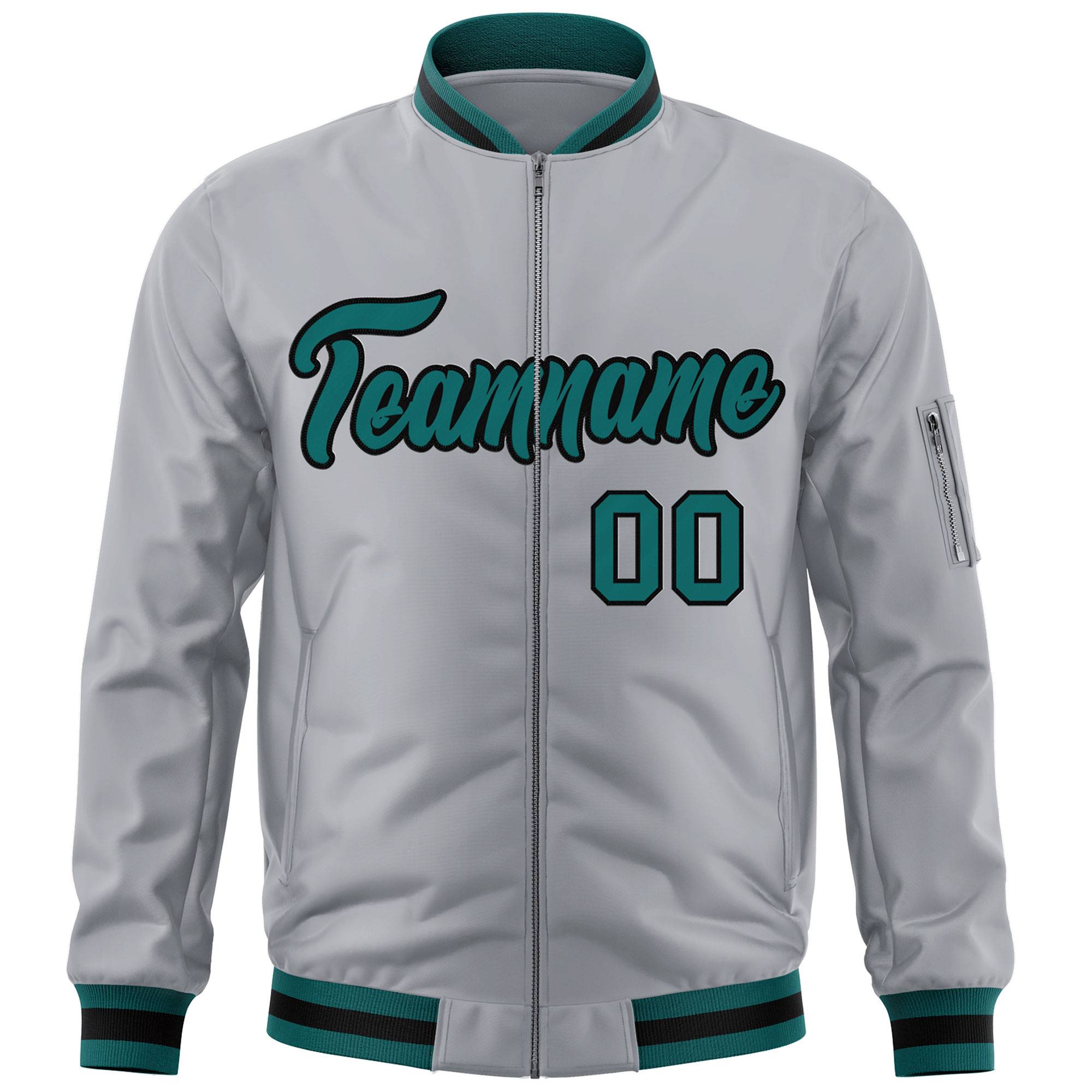 Custom Gray Aqua-Black Varsity Full-Zip Letterman Bomber Jacket