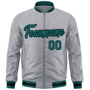 Custom Gray Aqua-Black Varsity Full-Zip Letterman Bomber Jacket