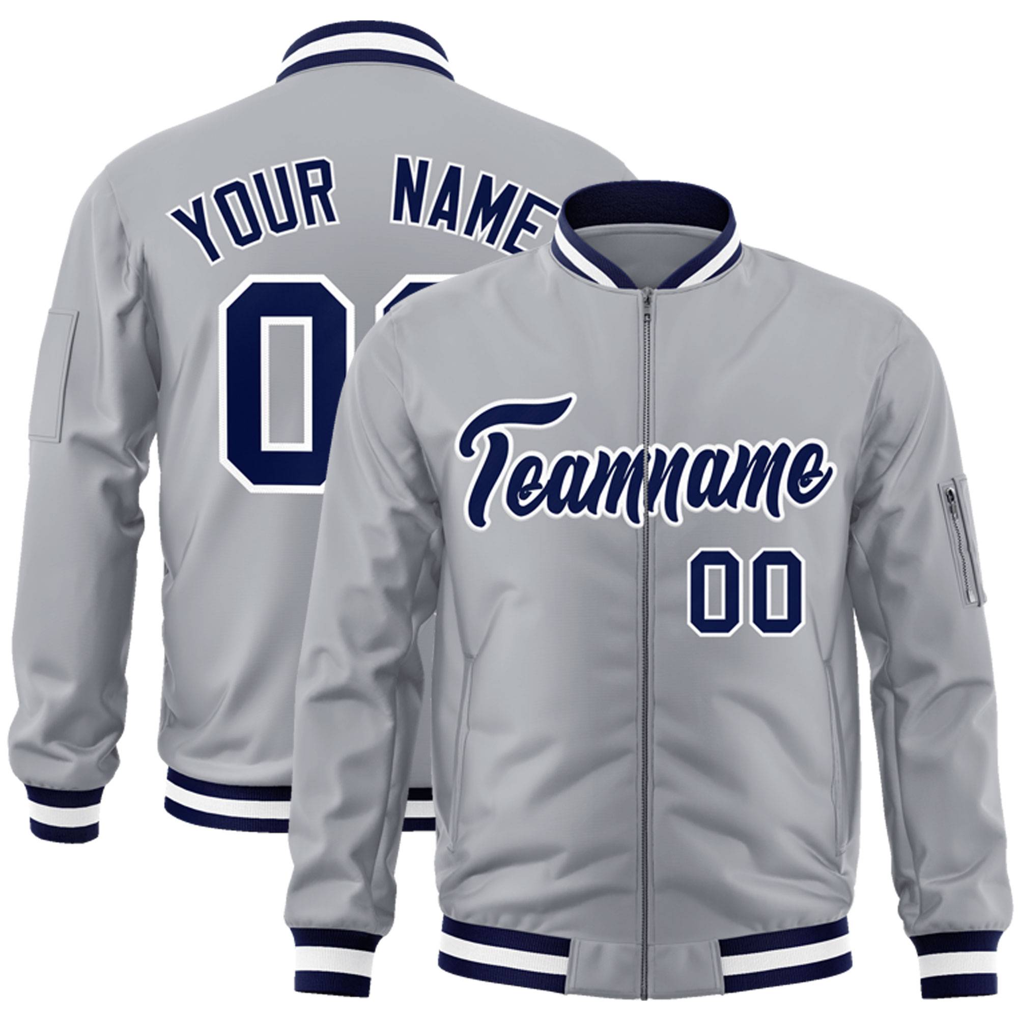 Custom Gray Navy-White Varsity Full-Zip Letterman Bomber Jacket