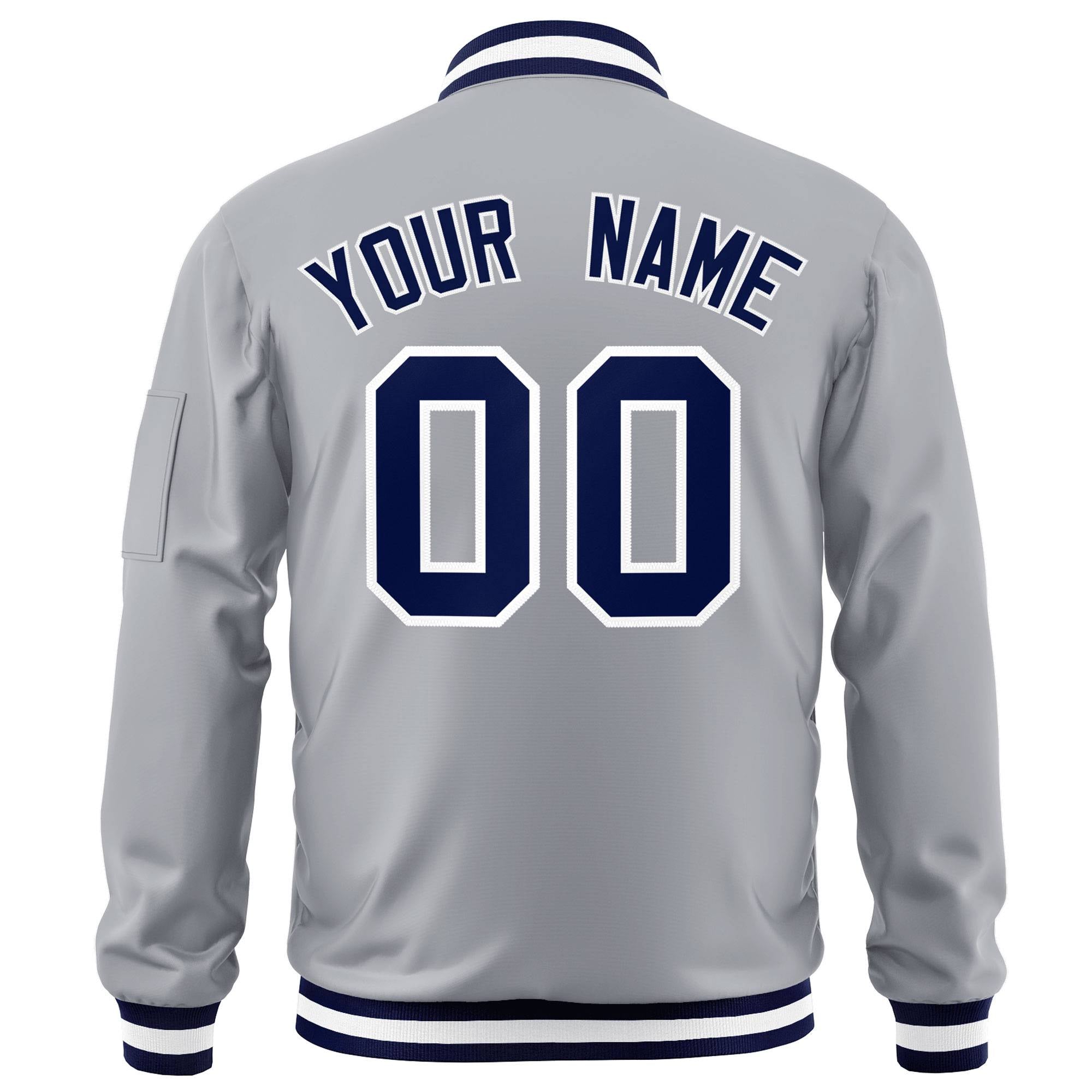 Custom Gray Navy-White Varsity Full-Zip Letterman Bomber Jacket