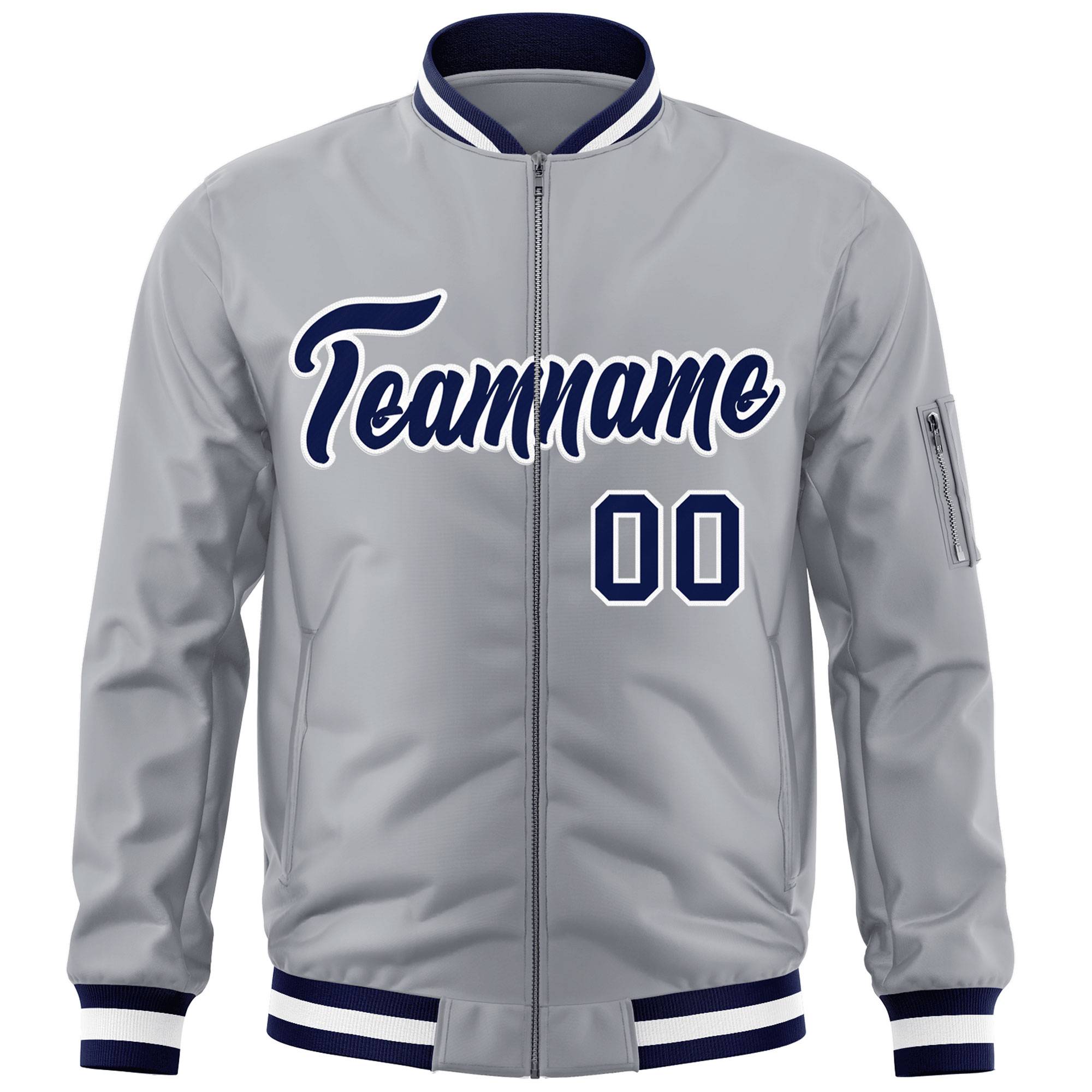 Custom Gray Navy-White Varsity Full-Zip Letterman Bomber Jacket