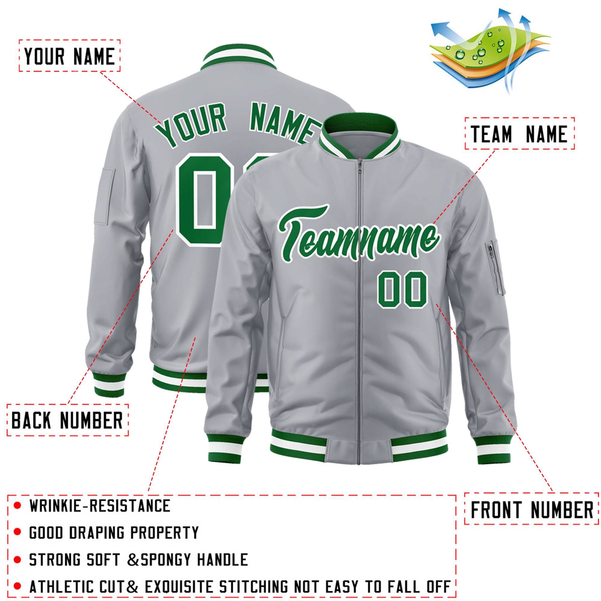 Custom Gray Kelly Green-White Varsity Full-Zip Letterman Bomber Jacket