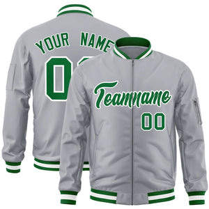 Custom Gray Kelly Green-White Varsity Full-Zip Letterman Bomber Jacket