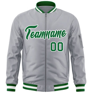 Custom Gray Kelly Green-White Varsity Full-Zip Letterman Bomber Jacket