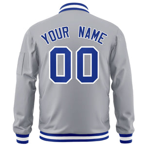 Custom Gray Royal-White Varsity Full-Zip Letterman Bomber Jacket