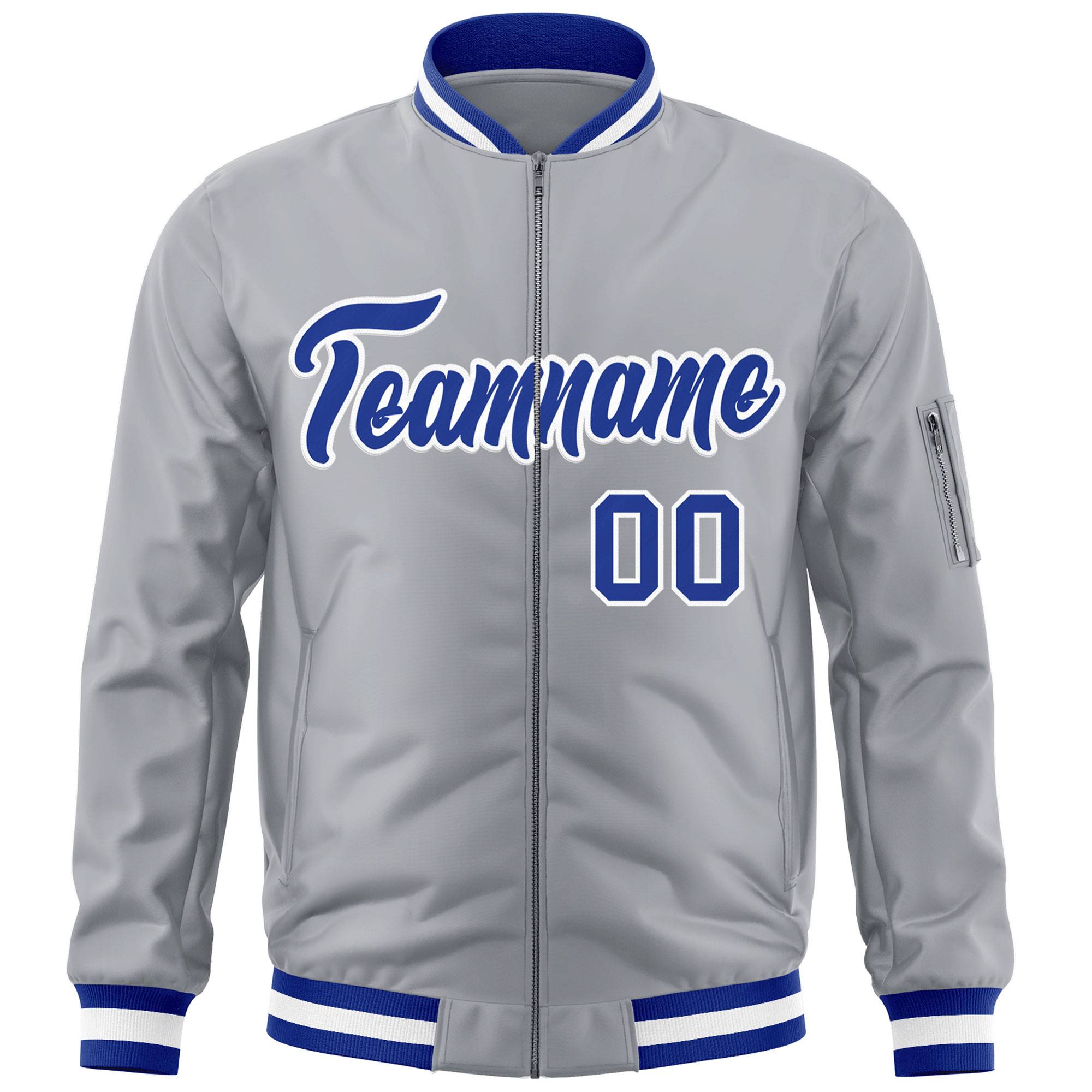 Custom Gray Royal-White Varsity Full-Zip Letterman Bomber Jacket