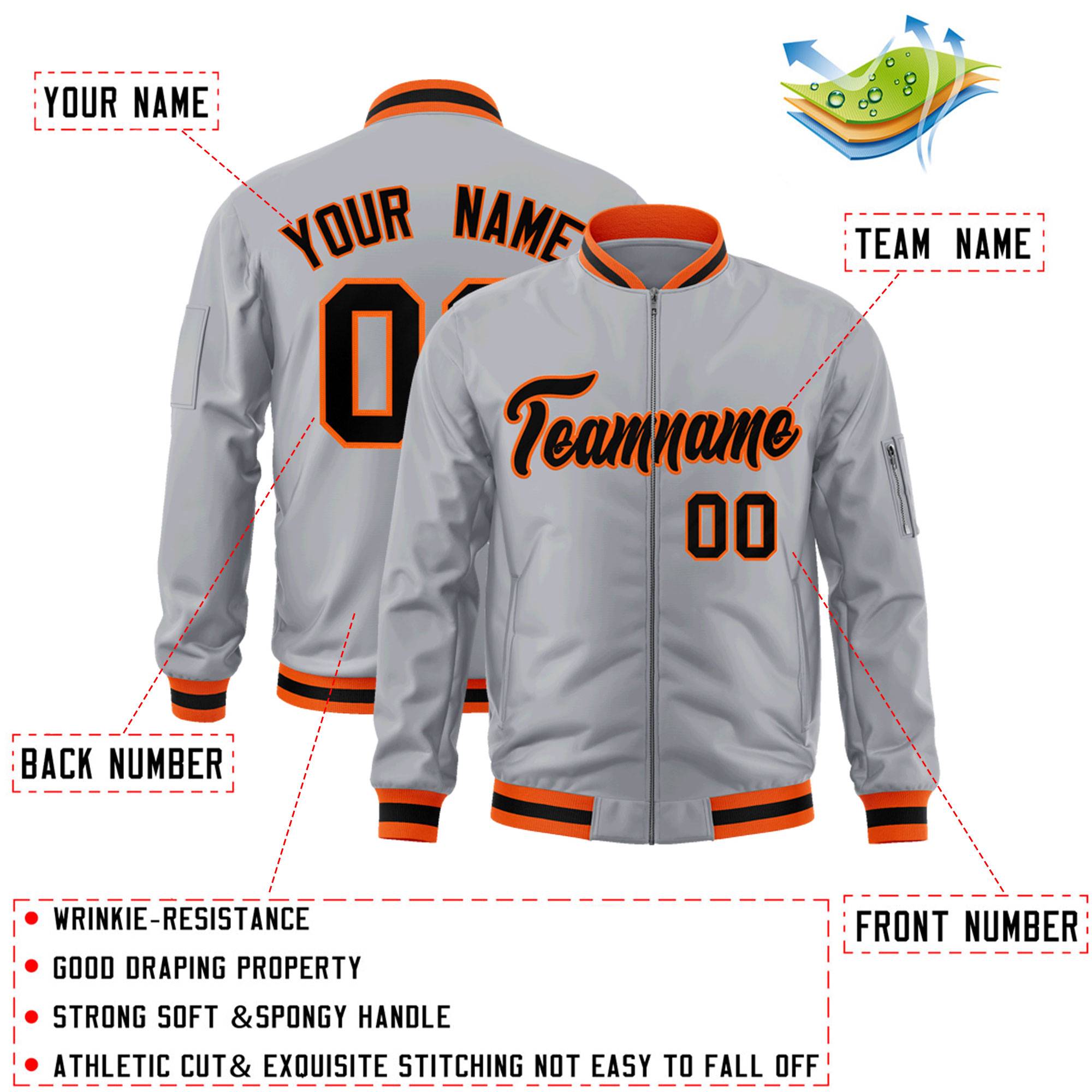 Custom Gray Black-Orange Varsity Full-Zip Letterman Bomber Jacket