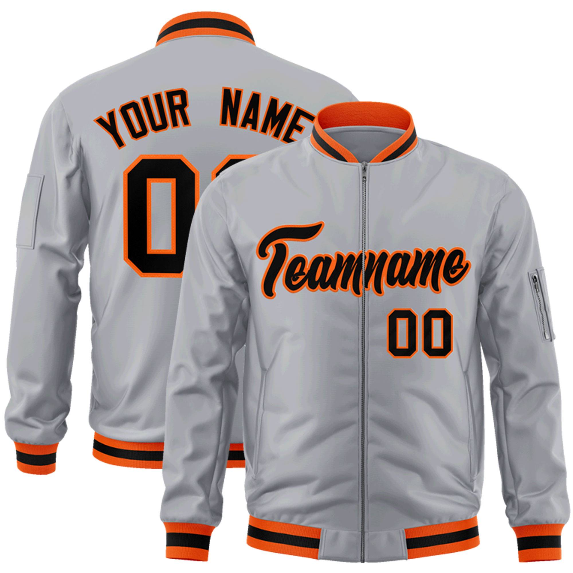 Custom Gray Black-Orange Varsity Full-Zip Letterman Bomber Jacket