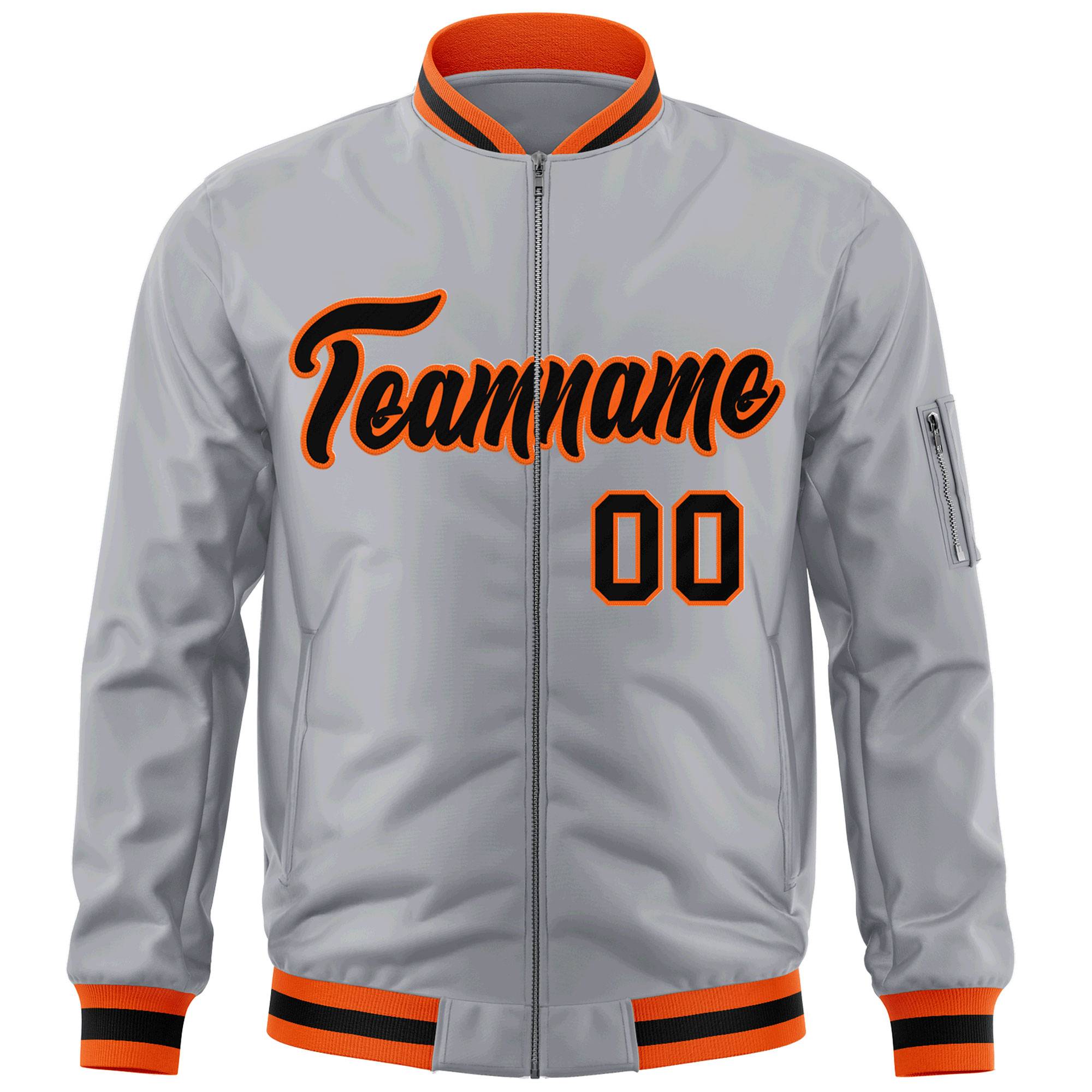 Custom Gray Black-Orange Varsity Full-Zip Letterman Bomber Jacket