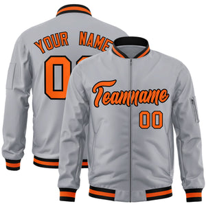 Custom Gray Orange-Black Varsity Full-Zip Letterman Bomber Jacket