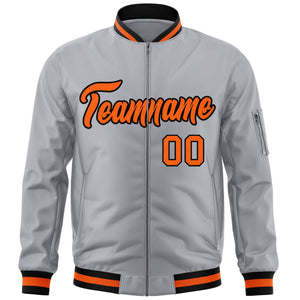 Custom Gray Orange-Black Varsity Full-Zip Letterman Bomber Jacket