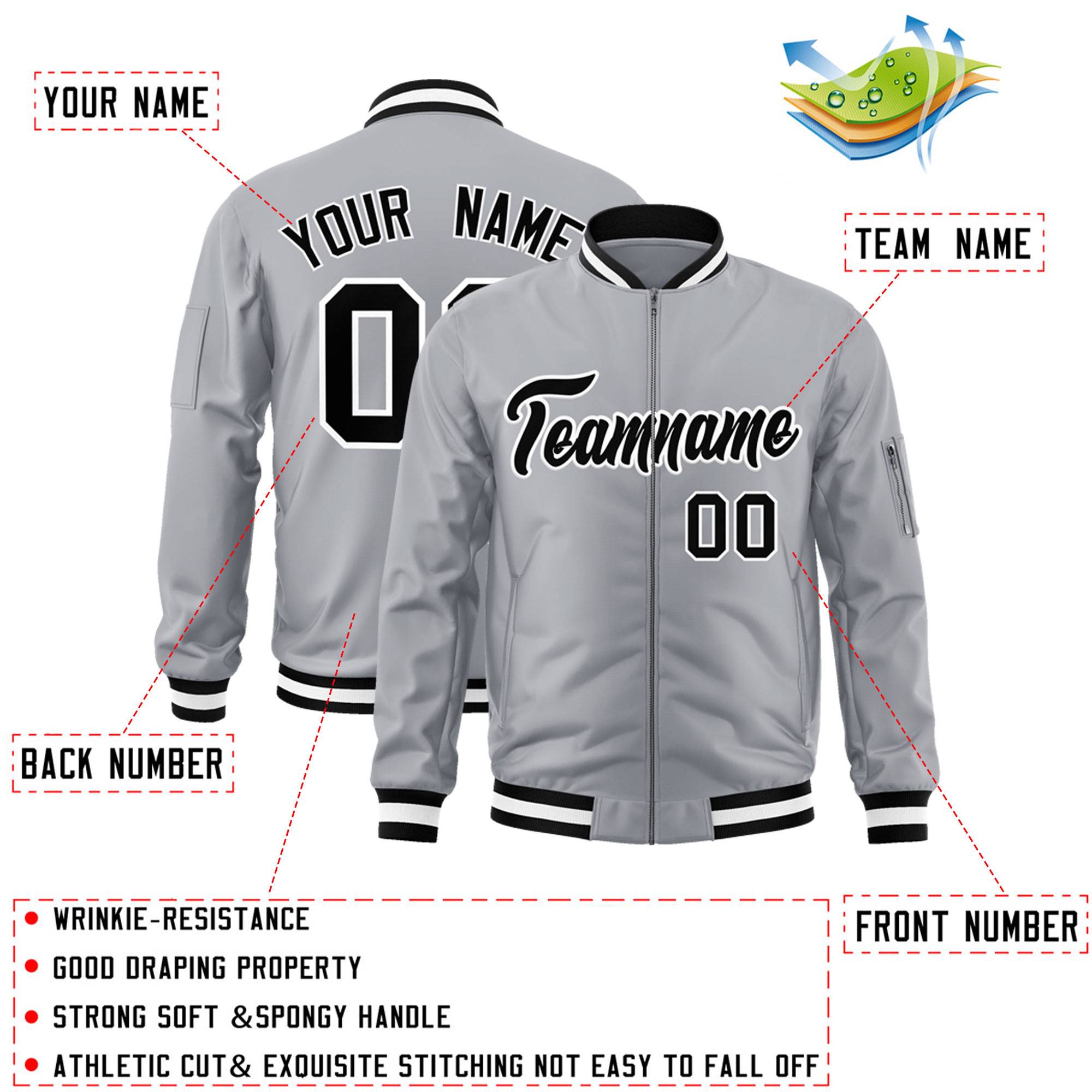 Custom Gray Black-White Varsity Full-Zip Letterman Bomber Jacket