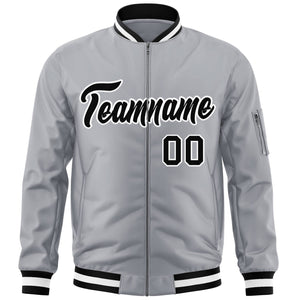 Custom Gray Black-White Varsity Full-Zip Letterman Bomber Jacket