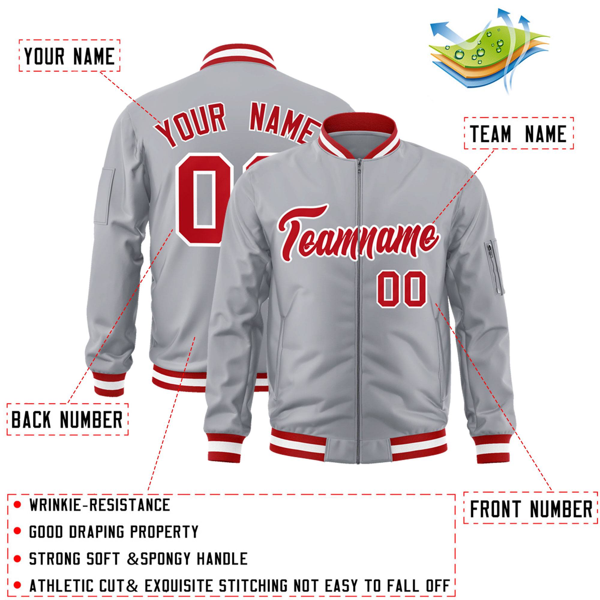 Custom Gray Red-White Varsity Full-Zip Letterman Bomber Jacket