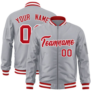 Custom Gray Red-White Varsity Full-Zip Letterman Bomber Jacket