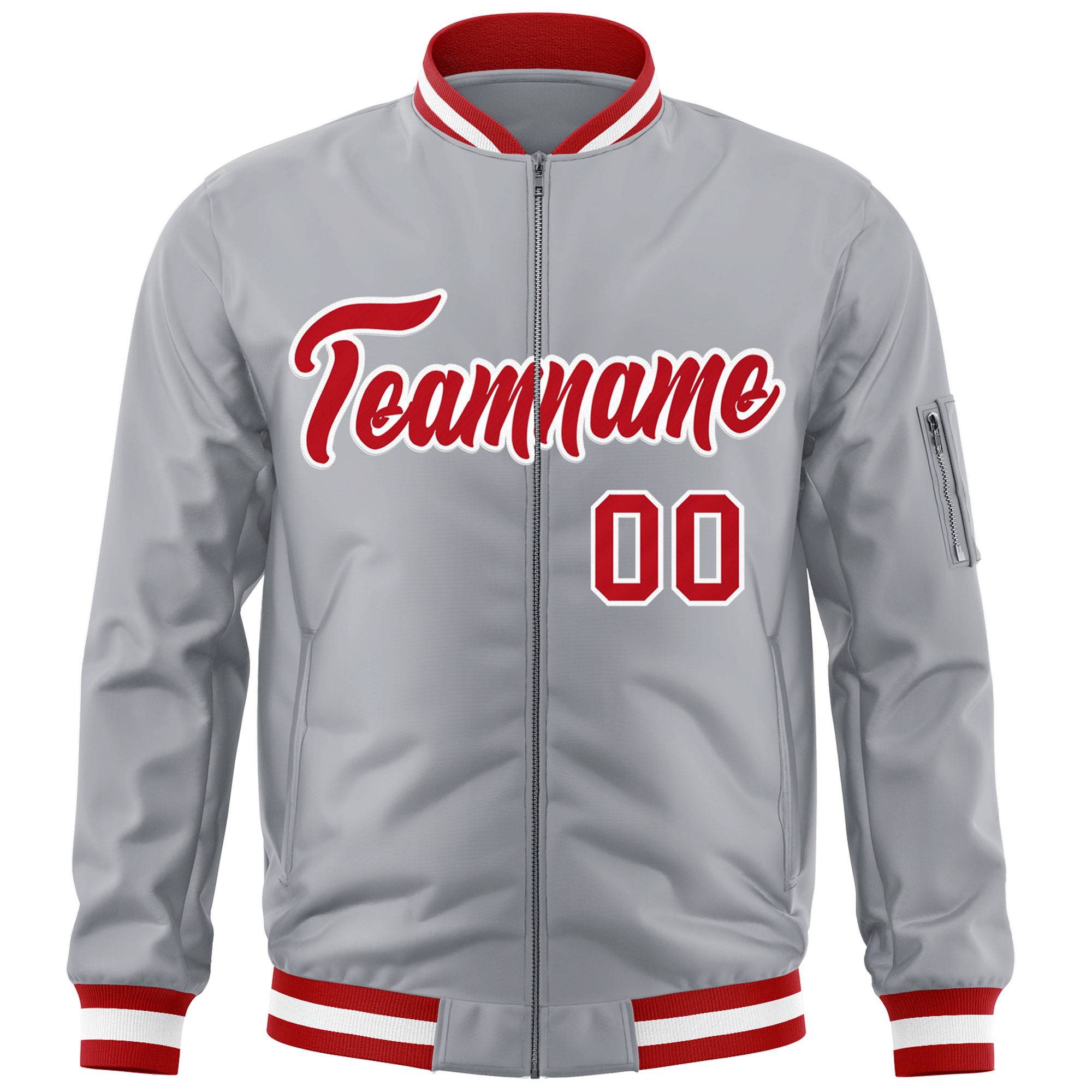 Custom Gray Red-White Varsity Full-Zip Letterman Bomber Jacket