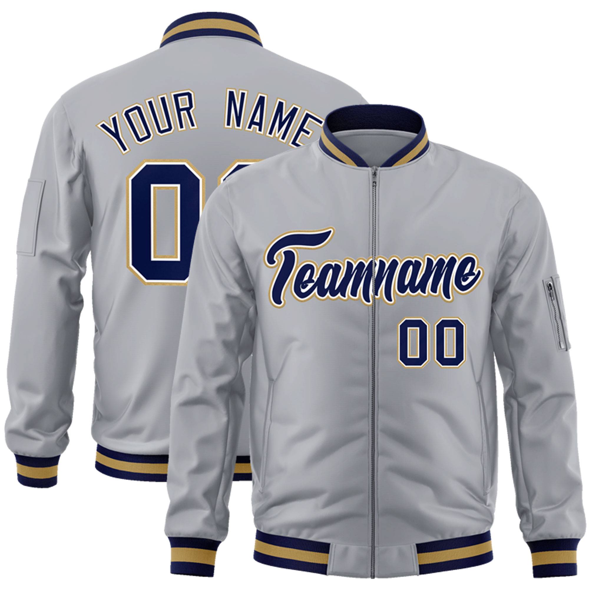 Custom Gray Navy-White Varsity Full-Zip Letterman Bomber Jacket