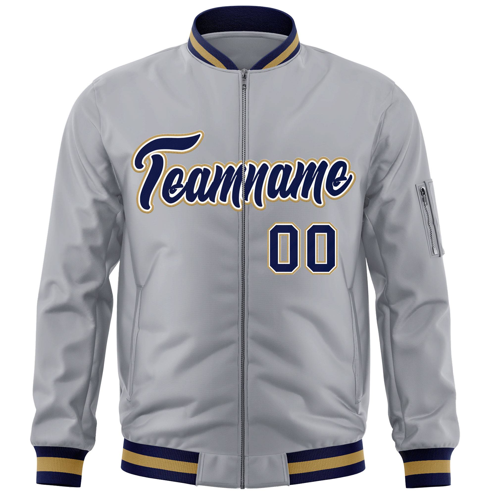 Custom Gray Navy-White Varsity Full-Zip Letterman Bomber Jacket