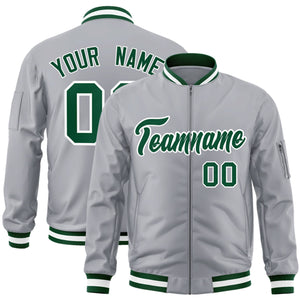 Custom Gray Green-White Varsity Full-Zip Letterman Bomber Jacket