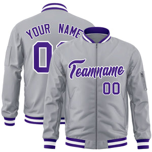 Custom Gray Purple-White Varsity Full-Zip Letterman Bomber Jacket