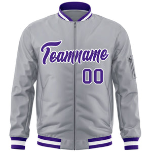 Custom Gray Purple-White Varsity Full-Zip Letterman Bomber Jacket