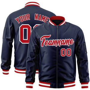 Custom Navy Red-White Varsity Full-Zip Letterman Bomber Jacket