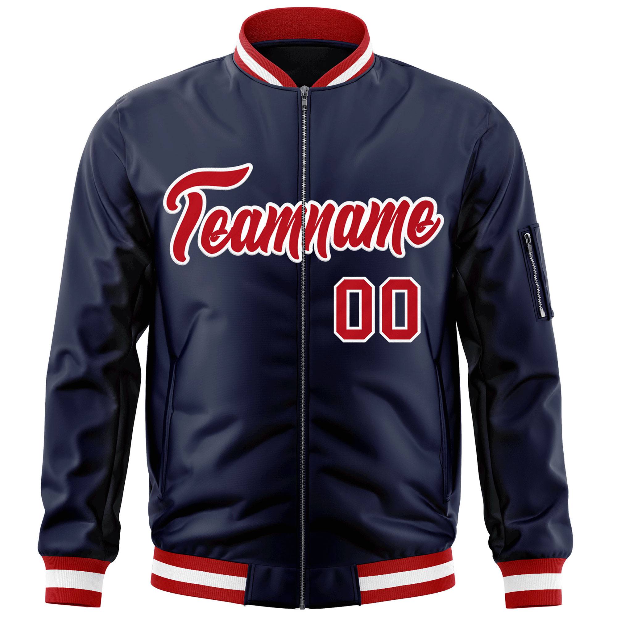 Custom Navy Red-White Varsity Full-Zip Letterman Bomber Jacket