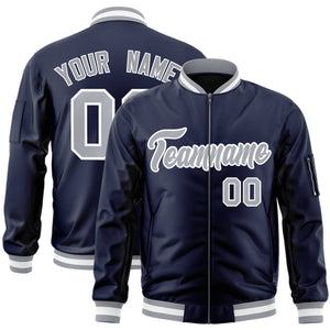 Custom Navy Gray-White Varsity Full-Zip Letterman Bomber Jacket