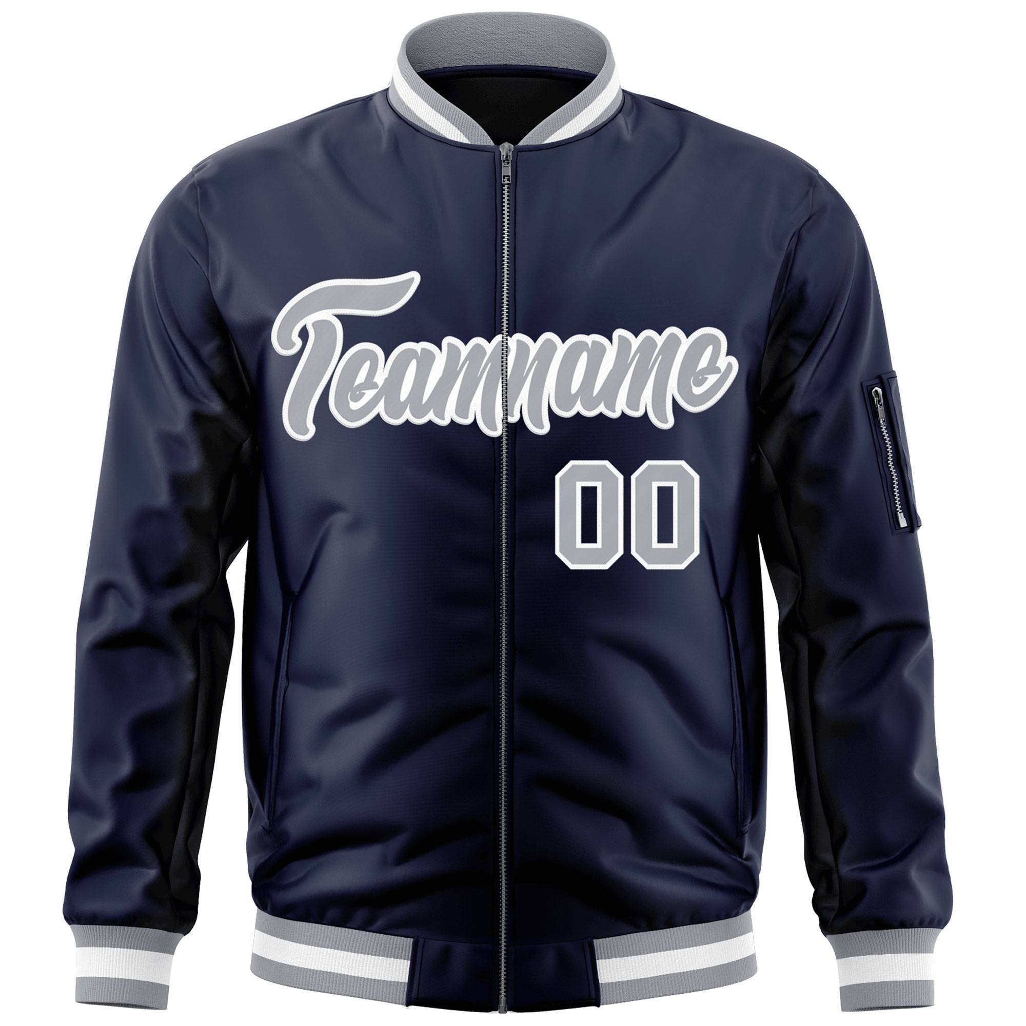 Custom Navy Gray-White Varsity Full-Zip Letterman Bomber Jacket