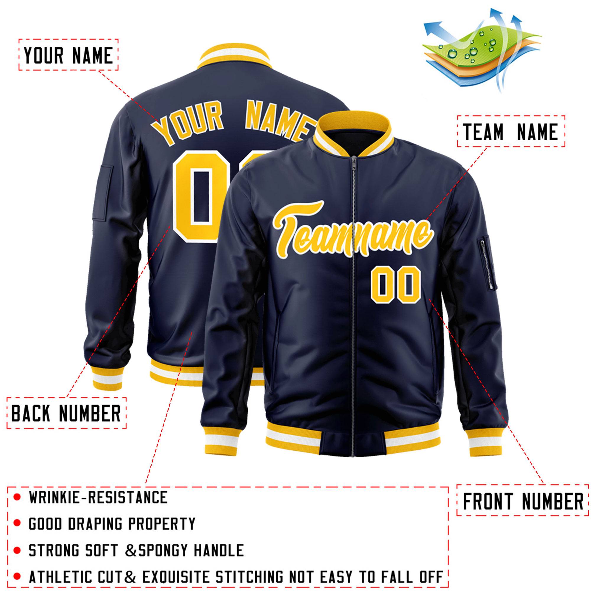 Custom Navy Gold-White Varsity Full-Zip Letterman Bomber Jacket