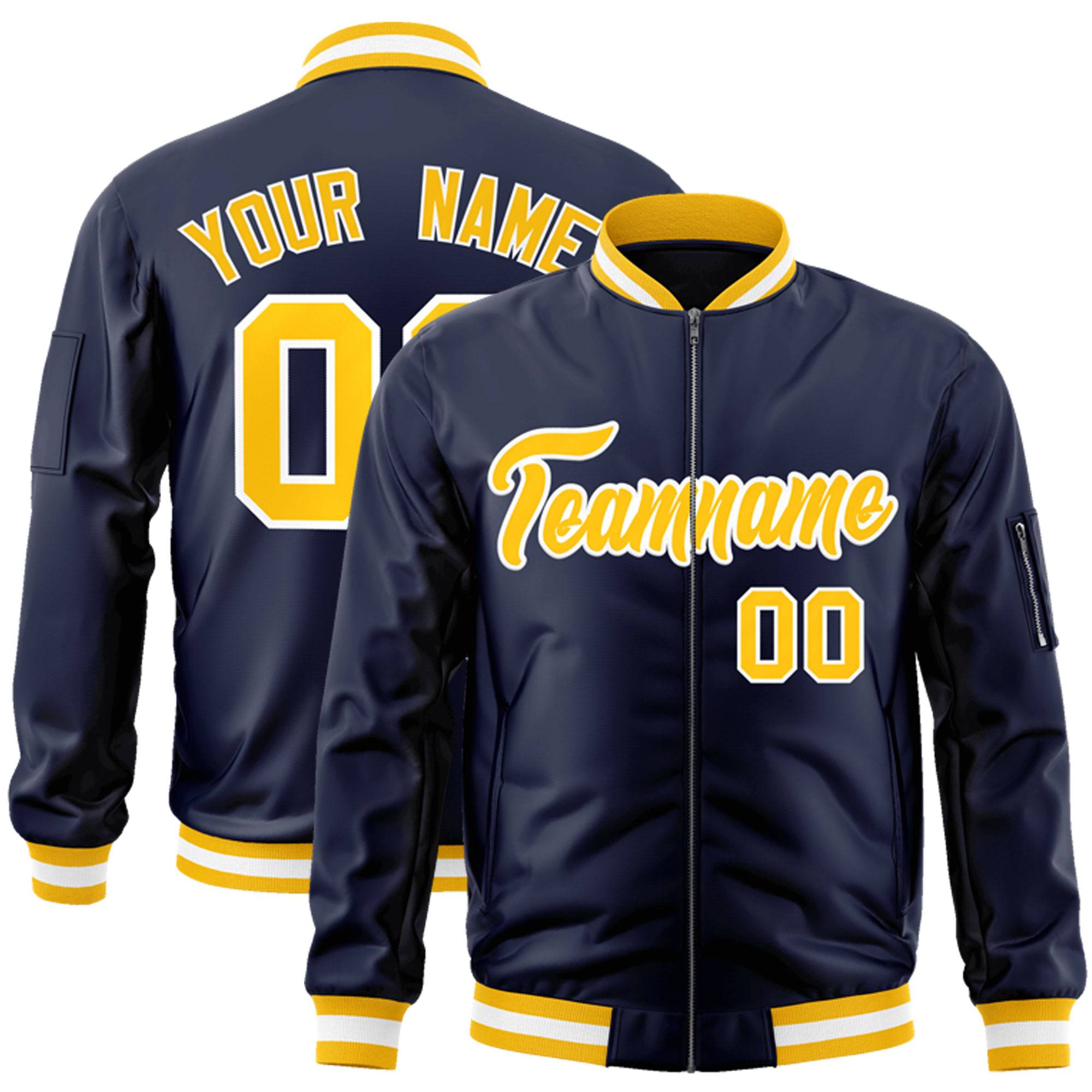 Custom Navy Gold-White Varsity Full-Zip Letterman Bomber Jacket