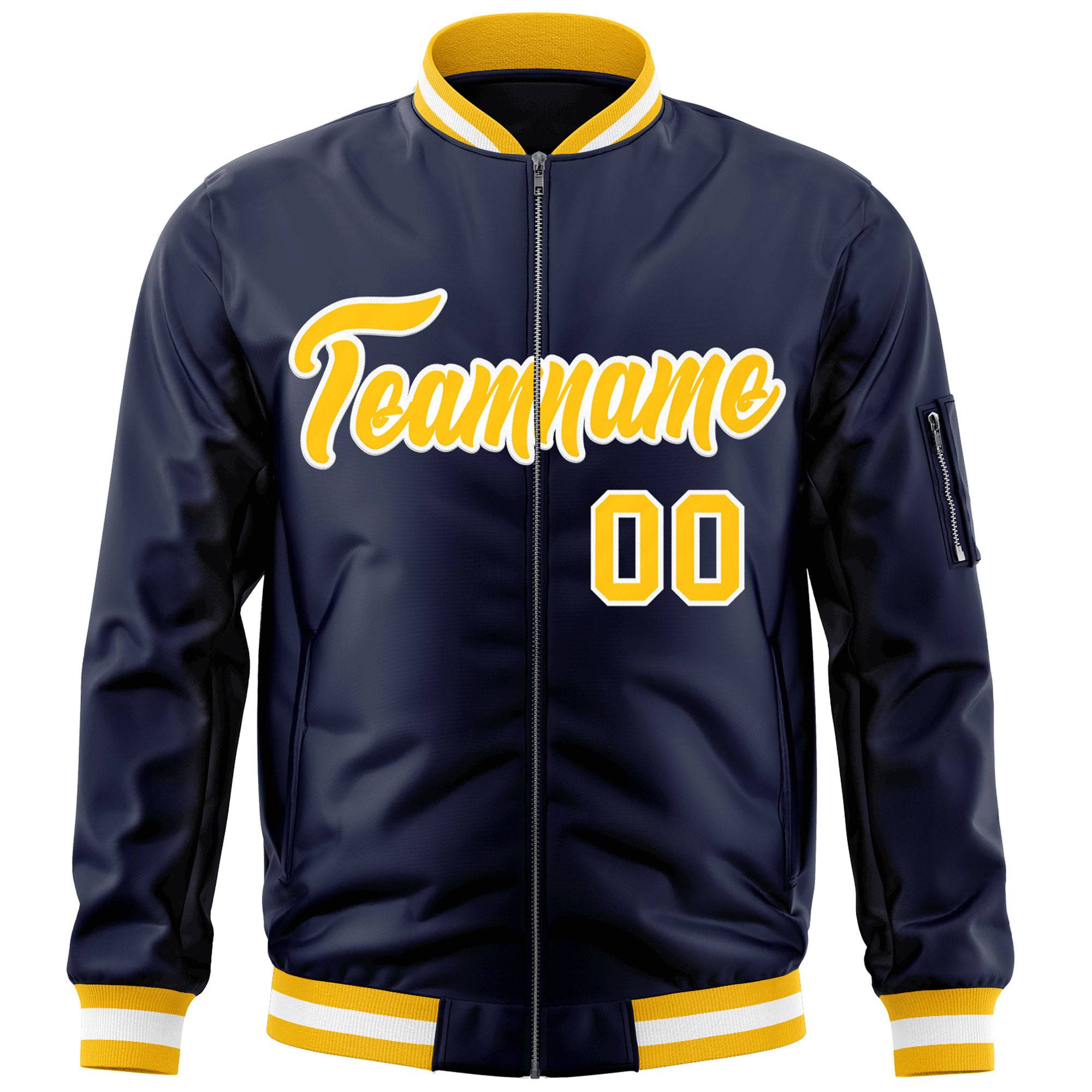 Custom Navy Gold-White Varsity Full-Zip Letterman Bomber Jacket