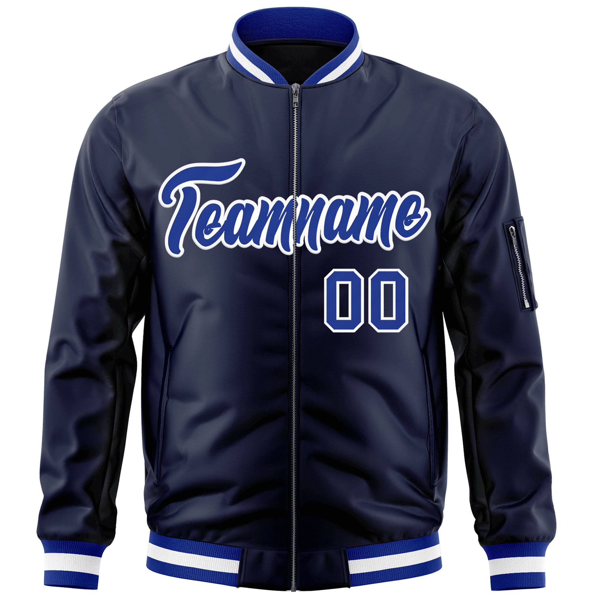 Custom Navy Royal-White Varsity Full-Zip Letterman Bomber Jacket