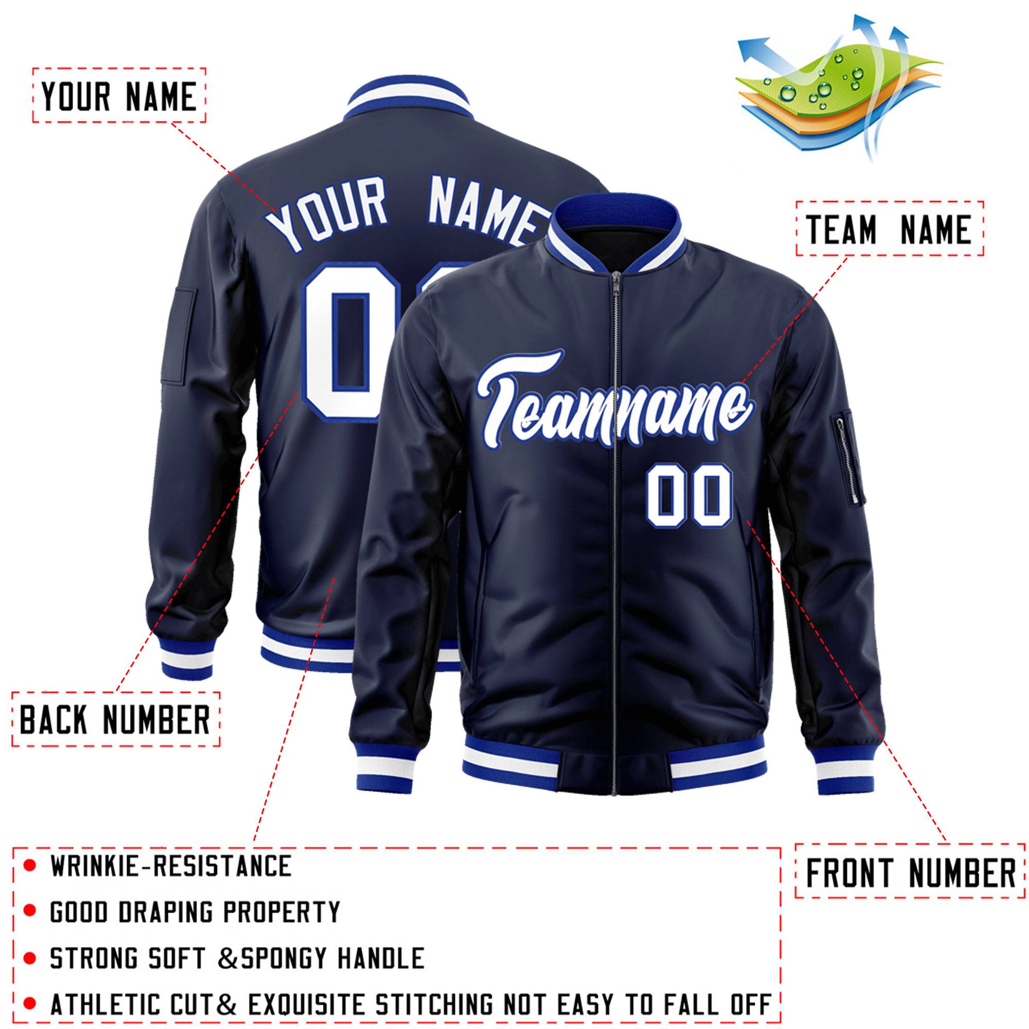 Custom Navy White-Royal Varsity Full-Zip Letterman Bomber Jacket