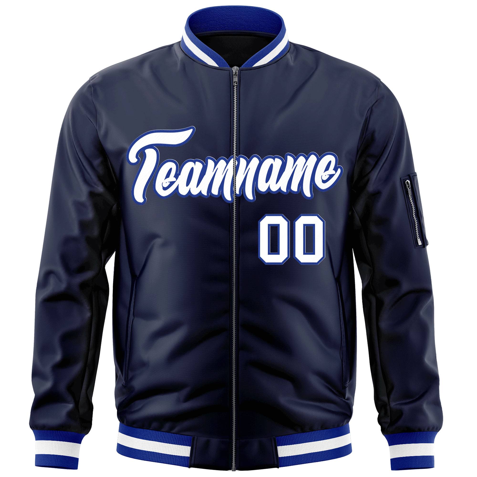 Custom Navy White-Royal Varsity Full-Zip Letterman Bomber Jacket