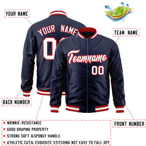 Custom Navy White-Red Varsity Full-Zip Letterman Bomber Jacket