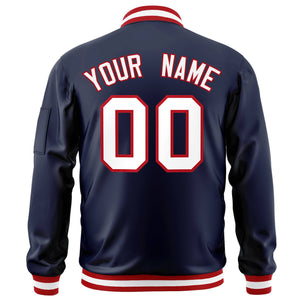 Custom Navy White-Red Varsity Full-Zip Letterman Bomber Jacket