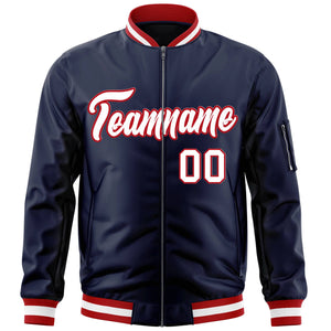 Custom Navy White-Red Varsity Full-Zip Letterman Bomber Jacket