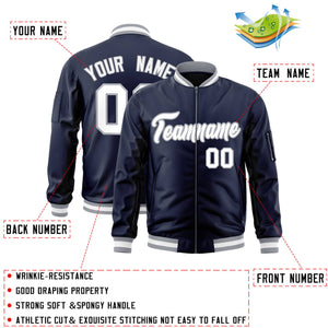 Custom Navy White-Gray Varsity Full-Zip Letterman Bomber Jacket